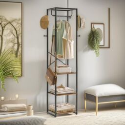 FURNOS Industrial Coat Stand With 3 Shelves & 8 Hooks in Brown - thumbnail 3