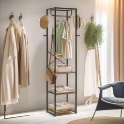 FURNOS Industrial Coat Stand With 3 Shelves & 8 Hooks in Brown