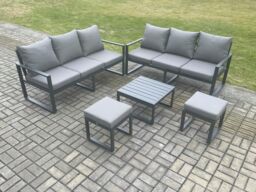Fimous Aluminium 5 Pieces Garden Furniture Sofa Set with Cushions 8 Seater Outdoor Patio Set with Square Coffee Table 2 Small Footstools in Dark Grey - thumbnail 1