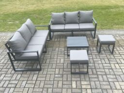 Fimous Aluminium 5 Pieces Garden Furniture Sofa Set with Cushions 8 Seater Outdoor Patio Set with Square Coffee Table 2 Small Footstools in Dark Grey - thumbnail 2