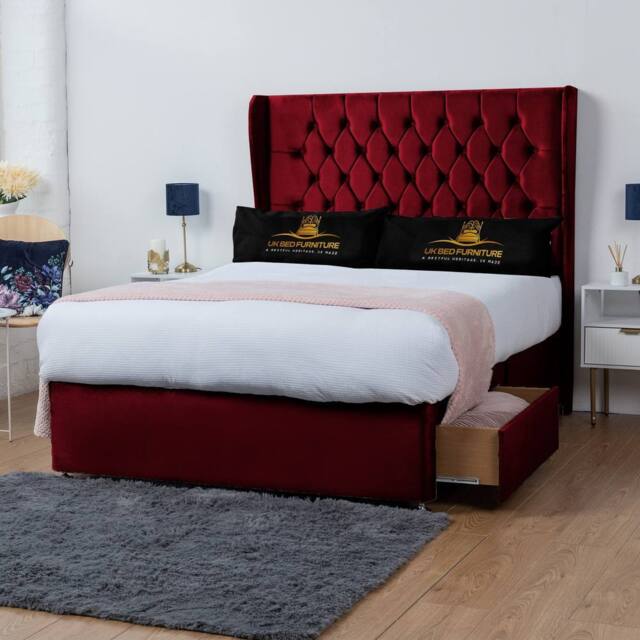 UK Bed Furniture Mary Wingback Divan Bed with 2 Drawer Foot End & 54 Inch Headboard in Maroon - Size: King - image 1