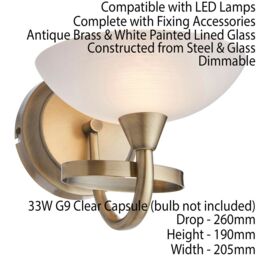 Loops Dimming LED Wall Light Brass & White Lined Glass Vintage Curved Lamp Fitting - thumbnail 2