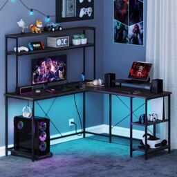 Costway L-Shaped Gaming Desk Reversible Corner Computer Desk w/LED Strip in Grey - thumbnail 9