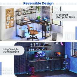 Costway L-Shaped Gaming Desk Reversible Corner Computer Desk w/LED Strip in Grey - thumbnail 8