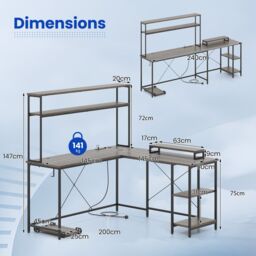 Costway L-Shaped Gaming Desk Reversible Corner Computer Desk w/LED Strip in Grey - thumbnail 2