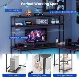Costway L-Shaped Gaming Desk Reversible Corner Computer Desk w/LED Strip in Grey - thumbnail 4