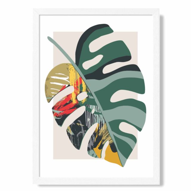 ARTZE Monstera Green & Red Minamilist Framed Print SIZE: A3 with White Frame - Size: A4 - image 1