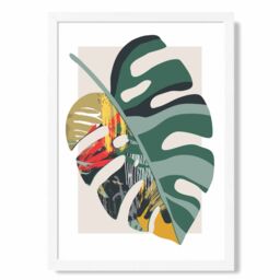 ARTZE Monstera Green & Red Minamilist Framed Print SIZE: A3 with White Frame - Size: A4