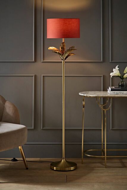 ValueLights Christina Fabric Drum Shade Gold Palm Leaf Detail Floor Lamp in Burnt Orange - image 1