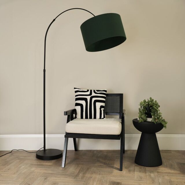 ValueLights Louis Black Arched Curved Floor Lamp with Fabric Drum Lamp Shade in Bottle Green - image 1