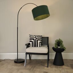 ValueLights Louis Black Arched Curved Floor Lamp with Fabric Drum Lamp Shade in Bottle Green - thumbnail 3