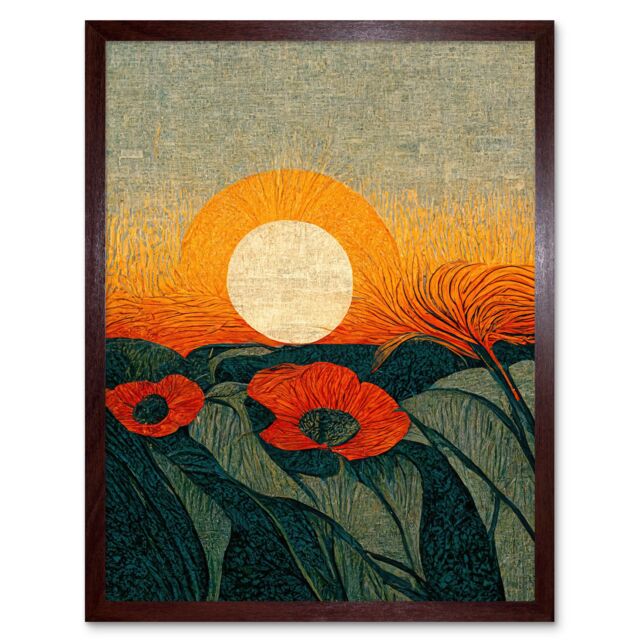 "Artery8 Wall Art Print Abstract Sunrise Over Poppy Meadow William Morris Style Art Framed in Brown - Size: W12"" x H16""" - image 1