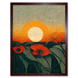 "Artery8 Wall Art Print Abstract Sunrise Over Poppy Meadow William Morris Style Art Framed in Brown - Size: W12"" x H16""" - thumbnail 1