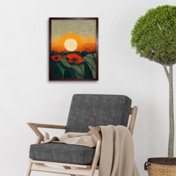 "Artery8 Wall Art Print Abstract Sunrise Over Poppy Meadow William Morris Style Art Framed in Brown - Size: W12"" x H16""" - thumbnail 2