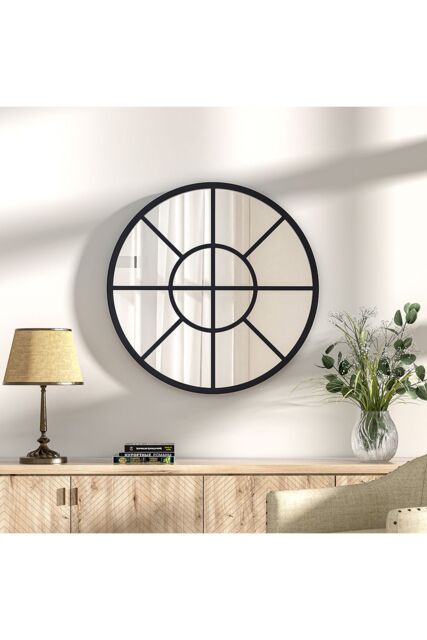 Living and Home D50cm Contemporary Round Metal Windowpane Wall Mirror in Black - image 1