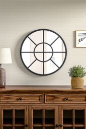 Living and Home D50cm Contemporary Round Metal Windowpane Wall Mirror in Black - thumbnail 2