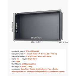 Kelvenix 33x63.5x10.2cm Shower Niche, Frameless Recessed Shelf Stainless Steel in Black - Size: 33x63.5x10.2 cm - thumbnail 2