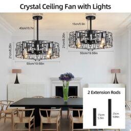 Garwarm Modern Ceiling Fan With Lights Crystal Pendant Lamp 50 cm in Black - thumbnail 3