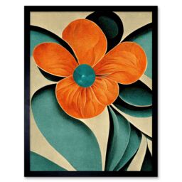 "Artery8 Wall Art Print Bold Art Deco Flowers Teal Orange Cream Poppy Art Framed in Black - Size: W12"" x H16""" - thumbnail 1