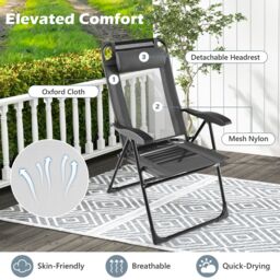 Costway Garden Folding Camping Chairs Set of 2 Portable Outdoor Recliner w/ 7-Level Backrest in Grey - thumbnail 3