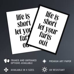 Artery8 Life Is Short Let Your Farts Out Modern Funny Framed Wall Art Print in White - Size: A4 - thumbnail 2