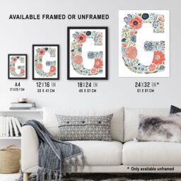 "Artery8 Women's Wall Art Print Letter G in Wildflowers Drawing Flowers Bouquet Nature Floral Word Art For Her Poster - Size: W12"" x H16""" - thumbnail 3