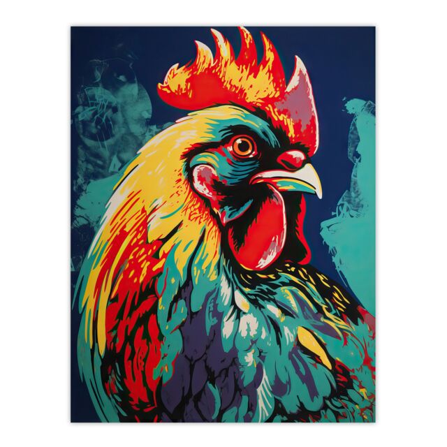 "Artery8 Wall Art Print Cockerel Rooster Chicken Hen Screen Red Yellow Turquoise Vibrant Bold Bright Colourful Painting Poster - Size: W18"" x H24""" - image 1