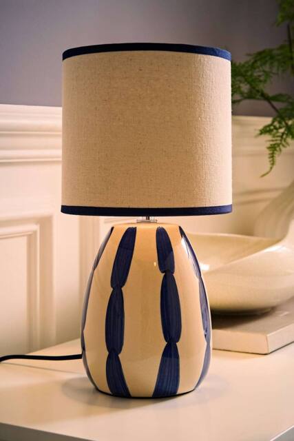 ValueLights Brynn Natural & Navy Ceramic Stripe Table Lamp with Bulb in Cream - image 1