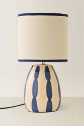 ValueLights Brynn Natural & Navy Ceramic Stripe Table Lamp with Bulb in Cream - thumbnail 3
