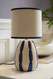 ValueLights Brynn Natural & Navy Ceramic Stripe Table Lamp with Bulb in Cream - thumbnail 2