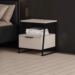 FWStyle Sandstone 1 Drawer Bedside Table Nightstand Black Metal in Beige - thumbnail 1