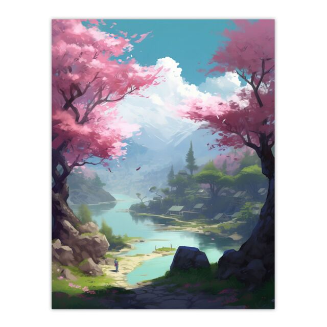 "Artery8 Wall Art Print Cherry Blossoms in Springtime Painting Blooming Pink Trees in Tranquil Forest Lake Landscape Poster in Blue - Size: W18"" x H24""" - image 1