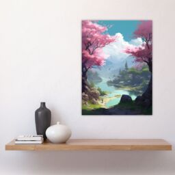 "Artery8 Wall Art Print Cherry Blossoms in Springtime Painting Blooming Pink Trees in Tranquil Forest Lake Landscape Poster in Blue - Size: W18"" x H24""" - thumbnail 4