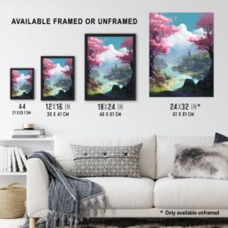 "Artery8 Wall Art Print Cherry Blossoms in Springtime Painting Blooming Pink Trees in Tranquil Forest Lake Landscape Poster in Blue - Size: W18"" x H24""" - thumbnail 3