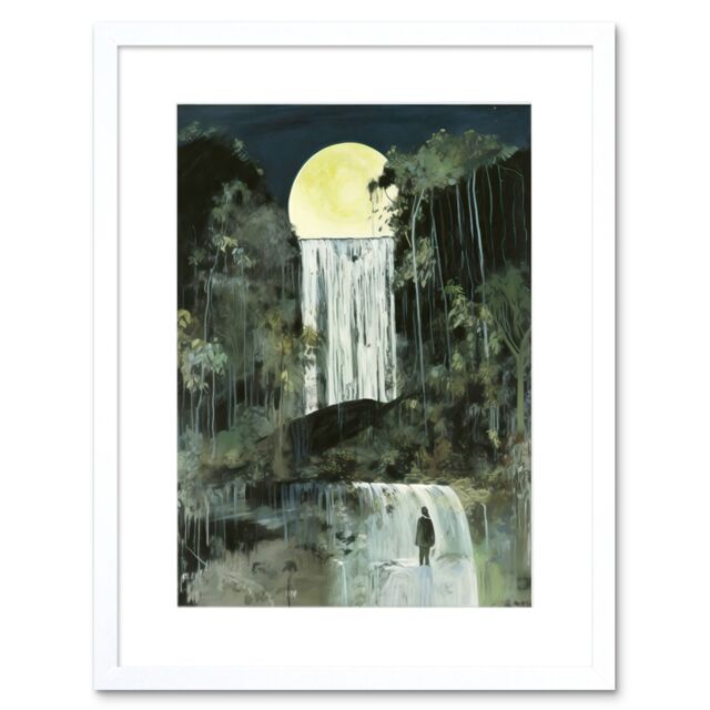 "Artery8 Wall Art Print Standing on a Waterfall Under the Moonlight Artwork Framed 9X7 Inch in White - Size: W7"" x H9""" - image 1