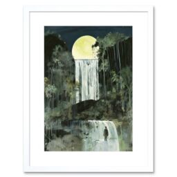 "Artery8 Wall Art Print Standing on a Waterfall Under the Moonlight Artwork Framed 9X7 Inch in White - Size: W7"" x H9""" - thumbnail 1