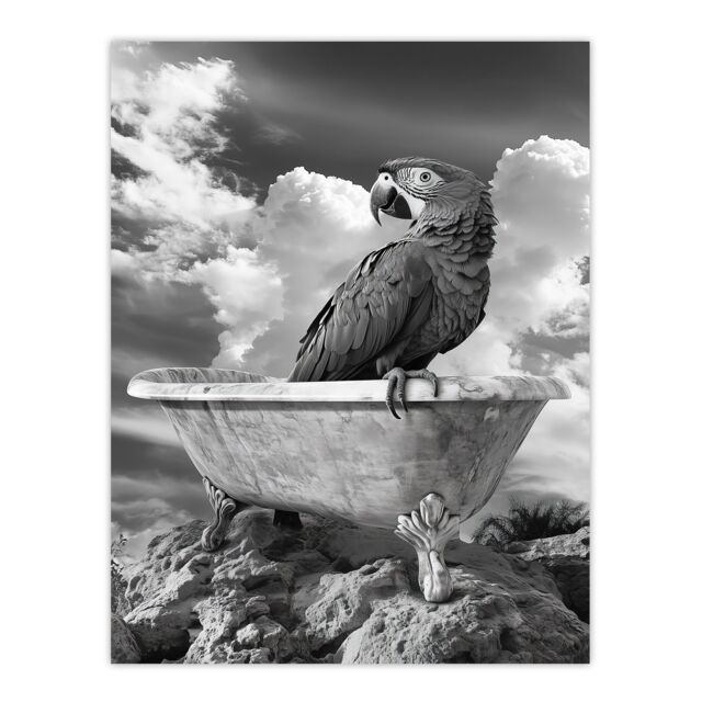 "Artery8 Macaw Parrot Bird on Bathtub Black White Surreal Wall Art Print in Grey - Size: W24"" x H32""" - image 1