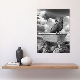"Artery8 Macaw Parrot Bird on Bathtub Black White Surreal Wall Art Print in Grey - Size: W24"" x H32""" - thumbnail 4