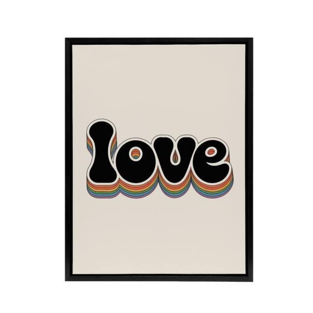 "Artery8 Love Funky Bold Rainbow Retro Font Typography Framed Canvas Art Print in Beige - Size: W12"" x H16""" - image 1