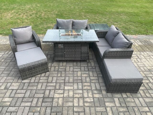 Fimous Outdoor Sofa Rattan Garden Furniture Set Patio Gas Fire Pit Dining Table & Reclining Chair set with Side Tables 2 Big Footstool in Dark Grey - image 1