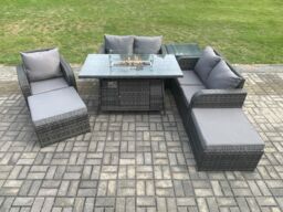 Fimous Outdoor Sofa Rattan Garden Furniture Set Patio Gas Fire Pit Dining Table & Reclining Chair set with Side Tables 2 Big Footstool in Dark Grey - thumbnail 1