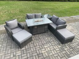 Fimous Outdoor Sofa Rattan Garden Furniture Set Patio Gas Fire Pit Dining Table & Reclining Chair set with Side Tables 2 Big Footstool in Dark Grey - thumbnail 3