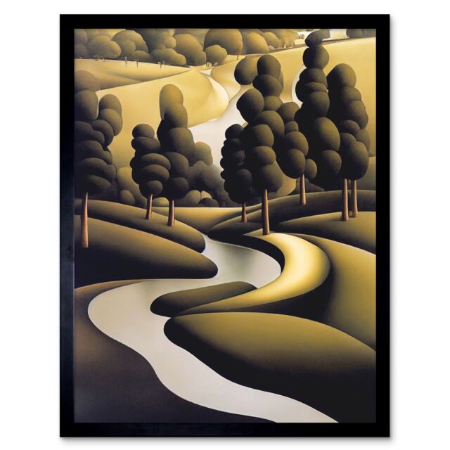 "Artery8 Wall Art Print Art Deco River Landscape With Stylised Cypress Trees Art Framed in Black - Size: W12"" x H16"""