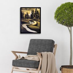 "Artery8 Wall Art Print Art Deco River Landscape With Stylised Cypress Trees Art Framed in Black - Size: W12"" x H16""" - thumbnail 2
