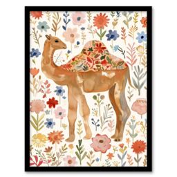 "Artery8 Happy Camel With Floral Pattern Watercolour Framed Wall Art - Size: W12"" x H16""" - thumbnail 1