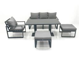 Fimous 6 Seater Garden Sofa Set Aluminium Furniture Rising Dining Tabe Set with Chair 2 Big Footstool Dark Grey - thumbnail 2