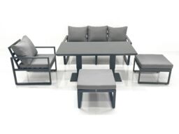 Fimous 6 Seater Garden Sofa Set Aluminium Furniture Rising Dining Tabe Set with Chair 2 Big Footstool Dark Grey - thumbnail 1