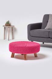 Homescapes Large Round Cotton Knitted Footstool on Legs in Pink - thumbnail 2