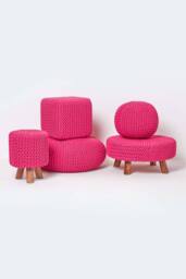 Homescapes Large Round Cotton Knitted Footstool on Legs in Pink - thumbnail 5
