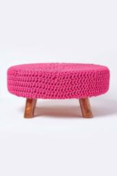 Homescapes Large Round Cotton Knitted Footstool on Legs in Pink